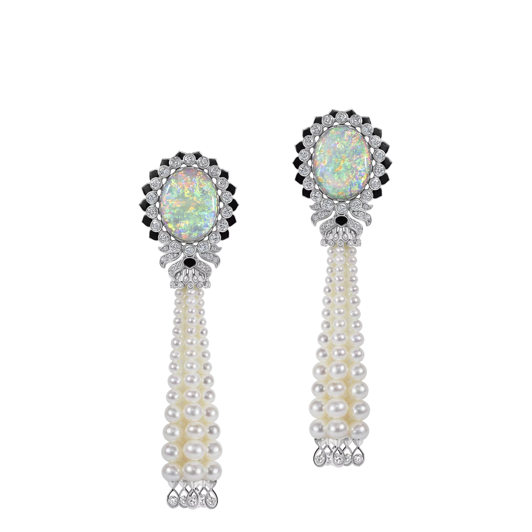 Серьги с опалами, бриллиантами и жемчугом, белое золото