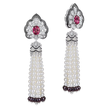 Серьги с рубеллитами, бриллиантами и жемчугом, белое золото, н.керамика 1