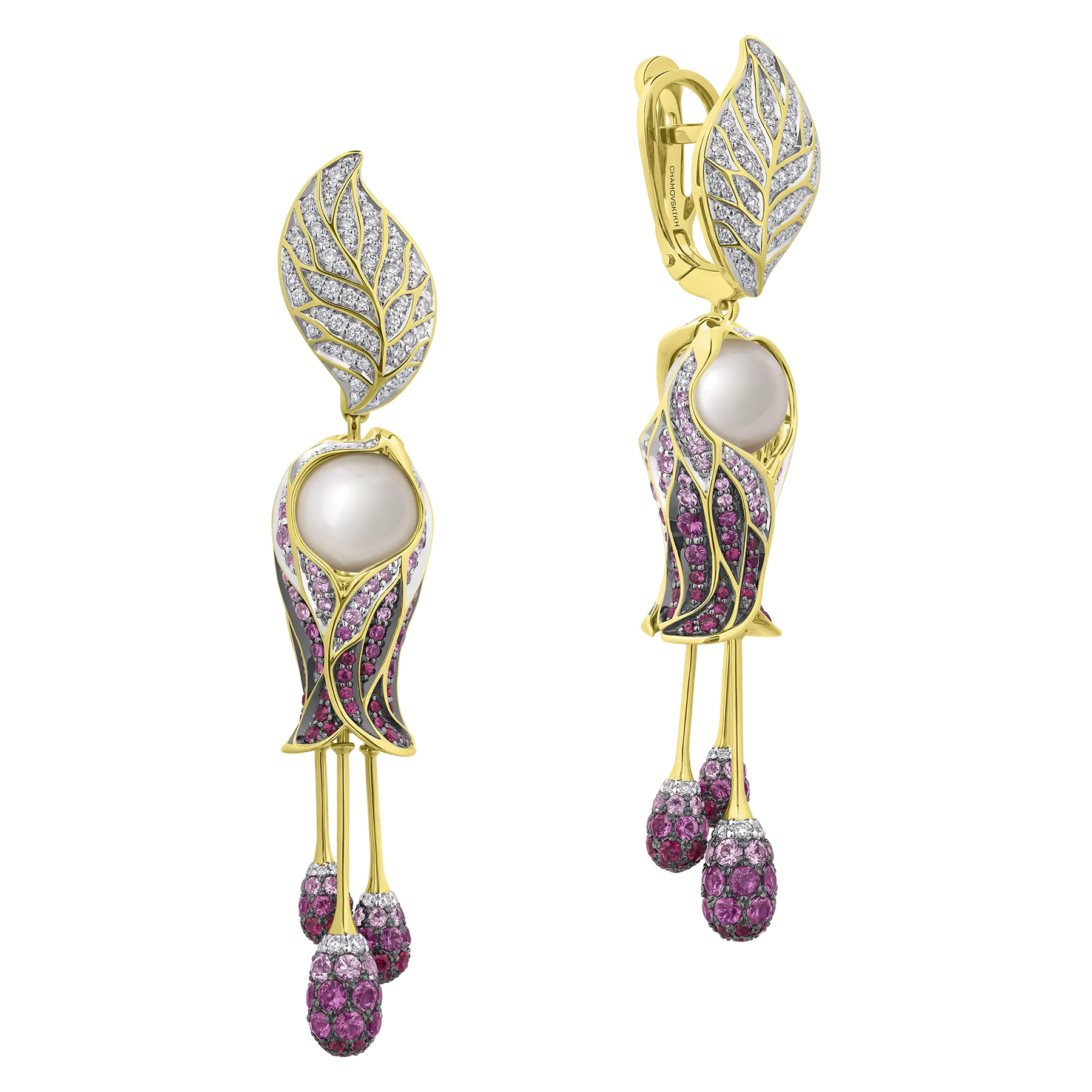 Серьги с жемчугом, бриллиантами, розовыми сапфирами и рубинами, желтое золото