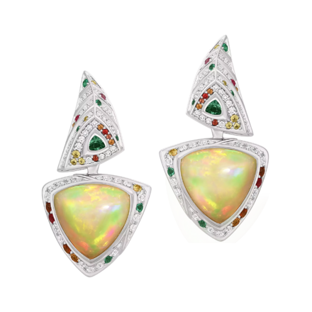 Серьги с опалами, бриллиантами, изумрудами и сапфирами, белое золото 1