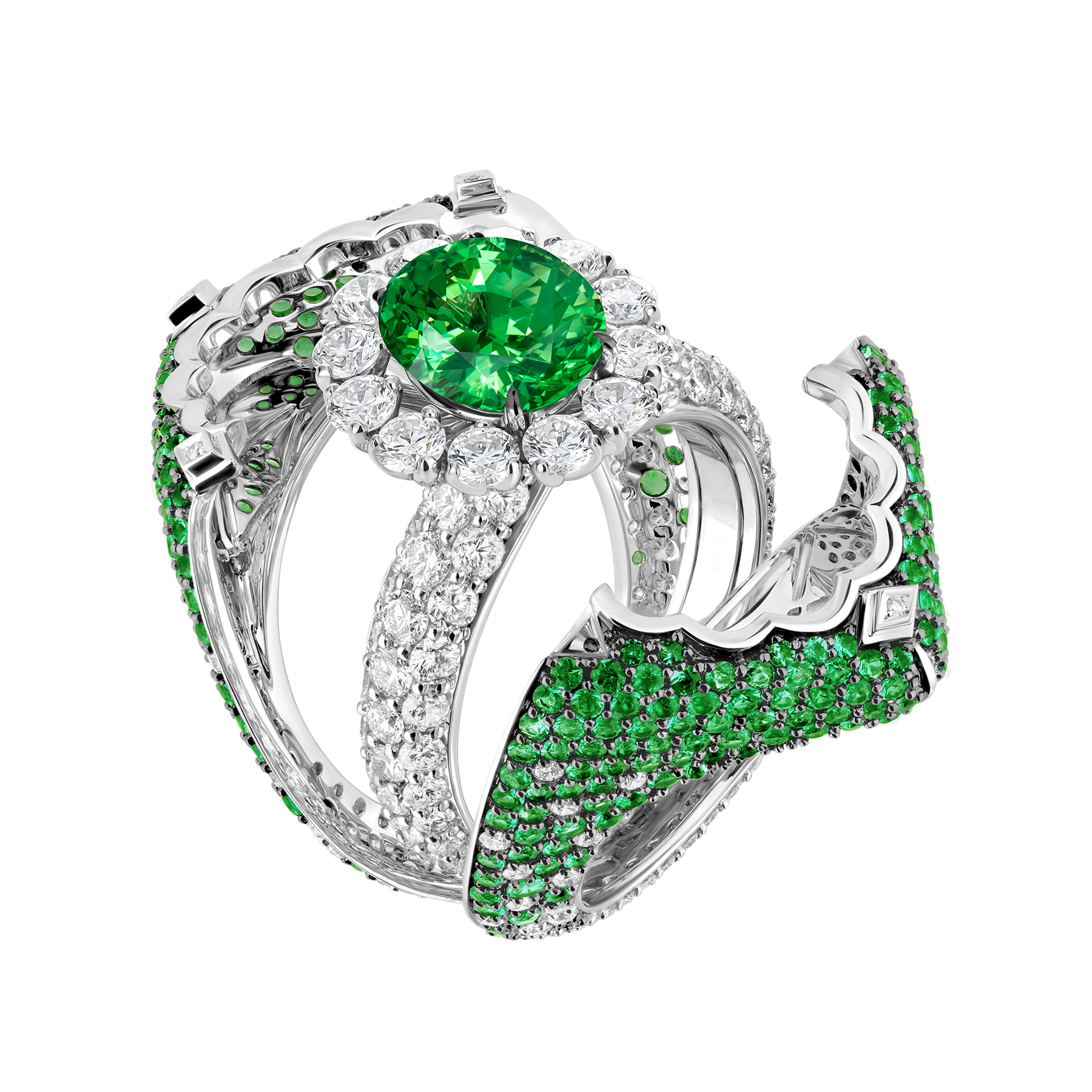 Кольцо с тсаворитами и бриллиантами, белое золото