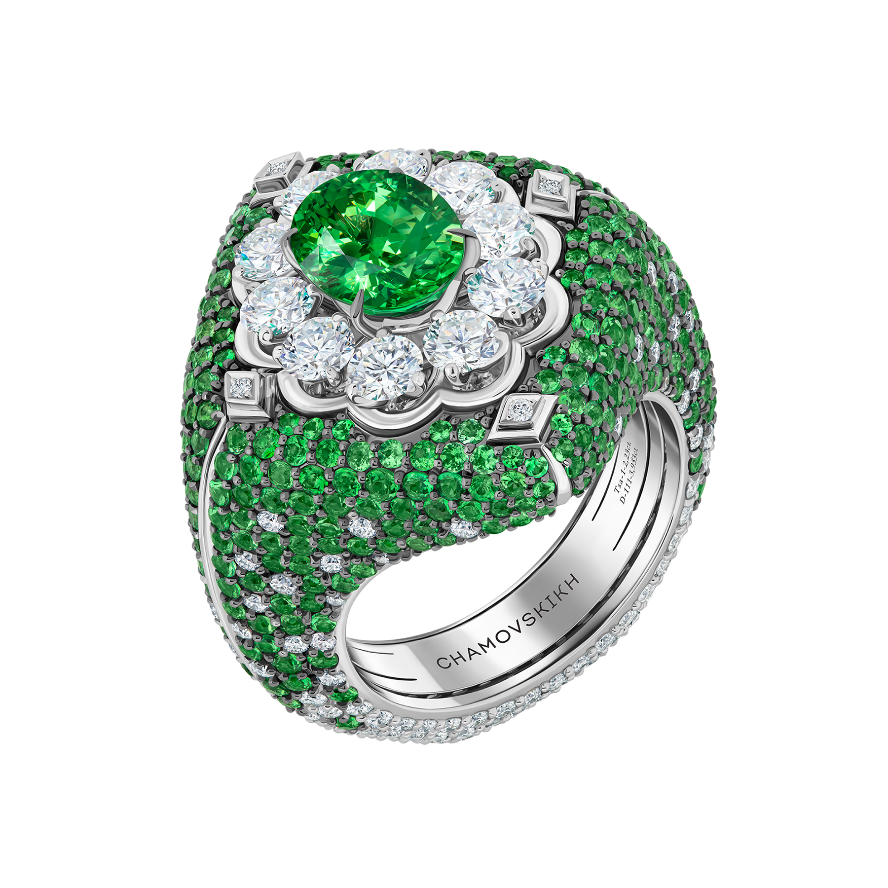 Кольцо с тсаворитами и бриллиантами, белое золото