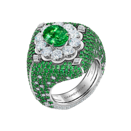 Кольцо с тсаворитами и бриллиантами, белое золото 1