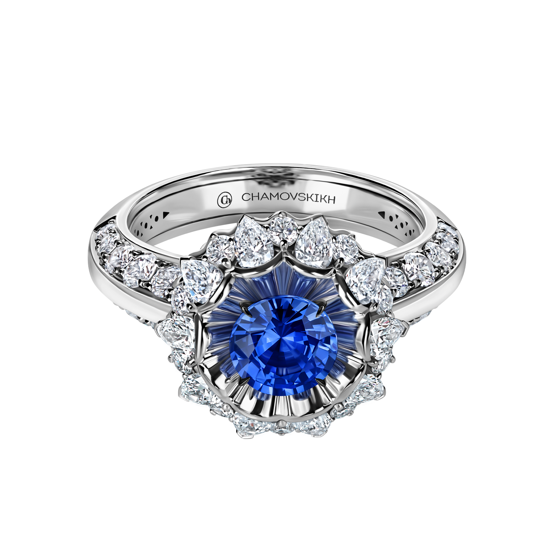 Кольцо с сапфиром и бриллиантами, белое золото