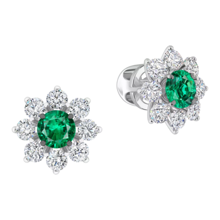 Пусеты с бриллиантами и с изумрудами, белое золото 1