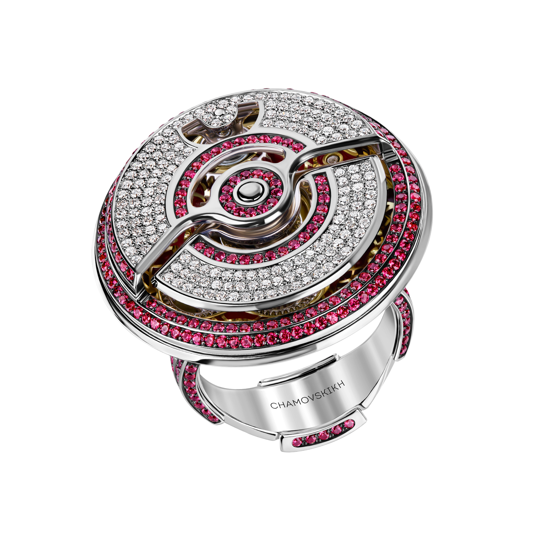 Кольцо с бриллиантами и рубинами, белое золото, н.керамика