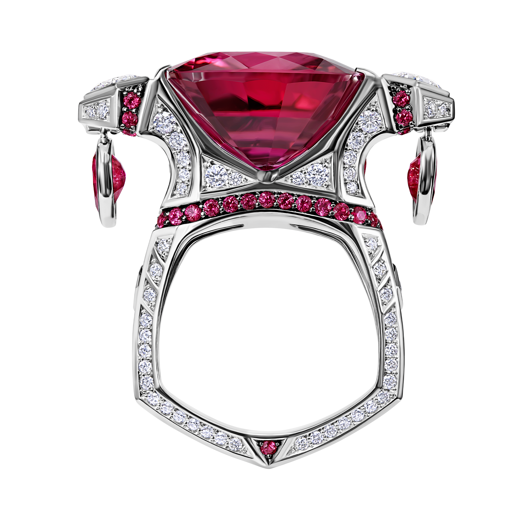 Кольцо с турмалином рубеллит, бриллиантами и рубинами, белое золото