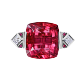 Кольцо с турмалином рубеллит, бриллиантами и рубинами, белое золото
