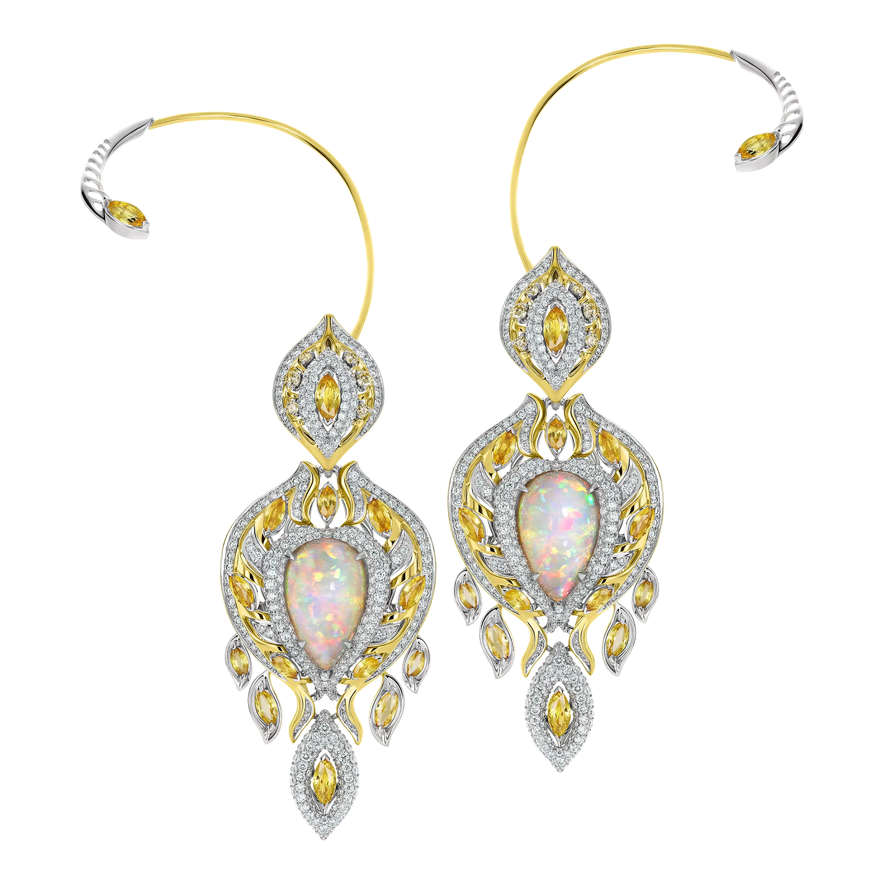 Серьги с опалами, бриллиантами и сапфирами, желтое золото, н.керамика