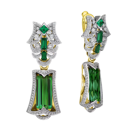 Серьги с турмалинами верделитами, бриллиантами и изумрудами, жёлтое и белое золото 1