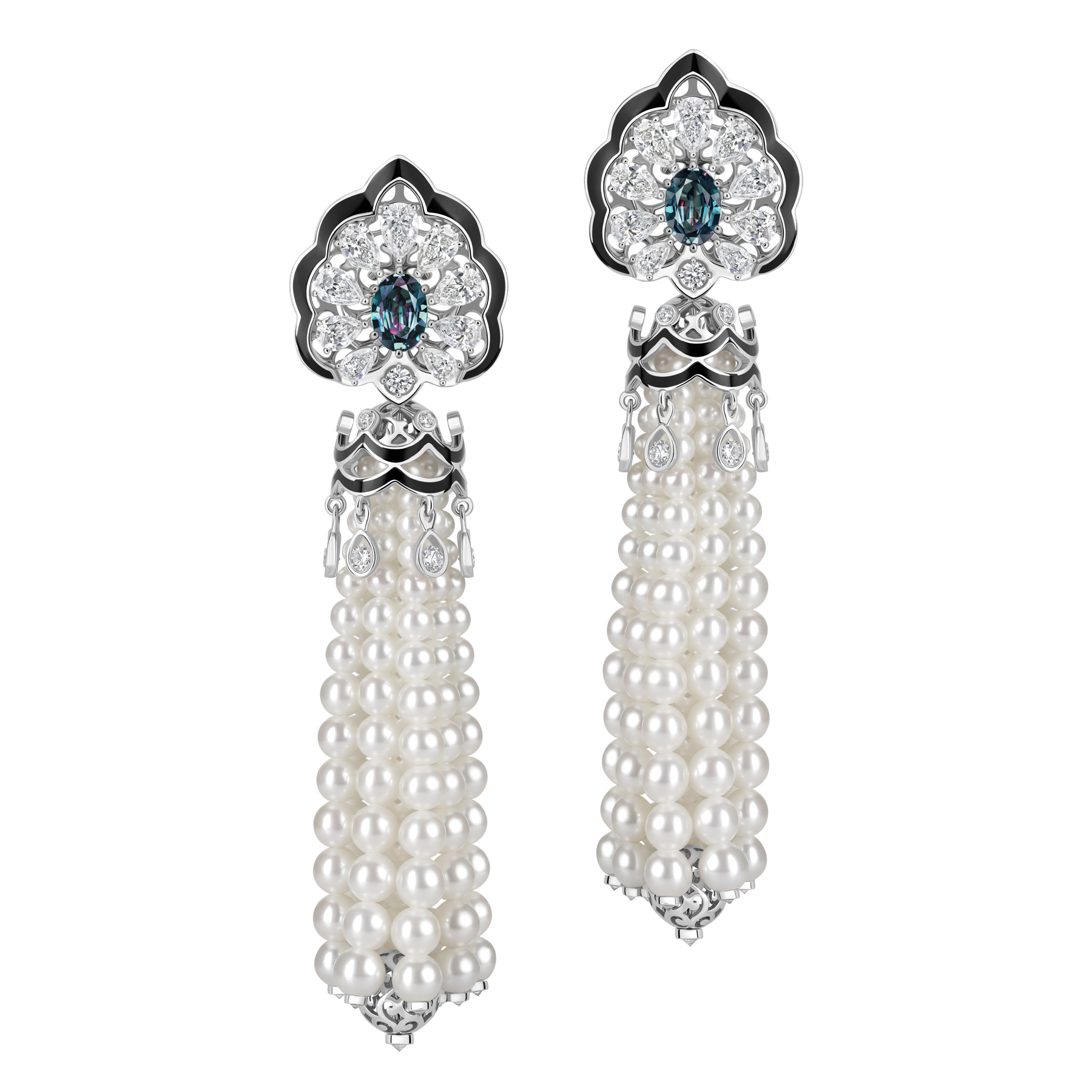 Серьги с александритами, бриллиантами и жемчугом, белое золото, н.керамика