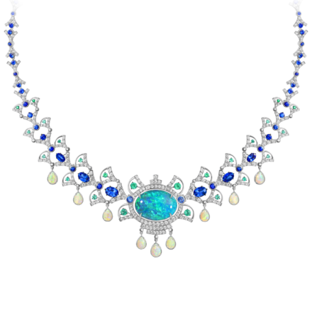 Колье с опалами, сапфирами, изумрудами и бриллиантами, белое золото 1