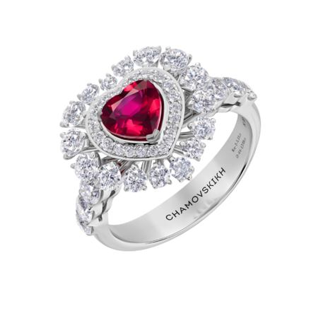 Кольцо с рубином и бриллиантами, белое золото 1