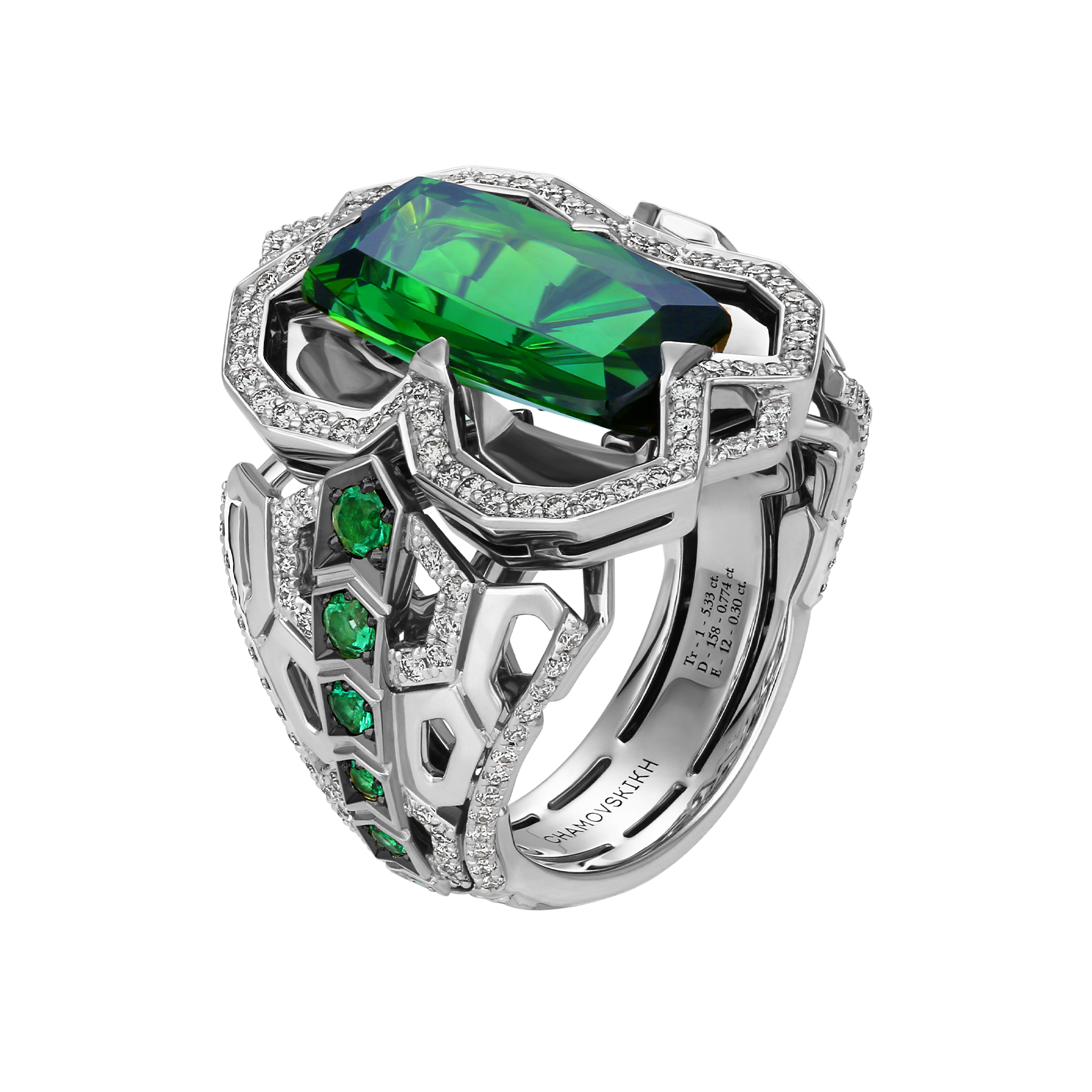 Кольцо с турмалином верделит, бриллиантами и изумрудами, белое золото