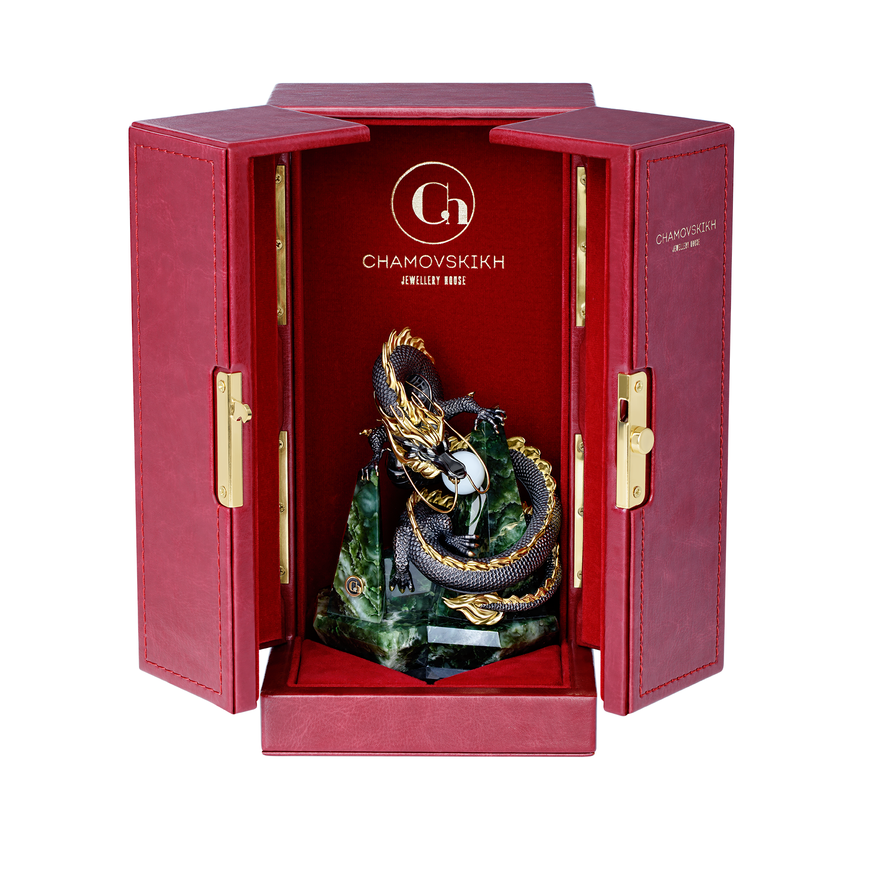 Настольная скульптура «Дракон с нефритом и жемчужиной из опала»