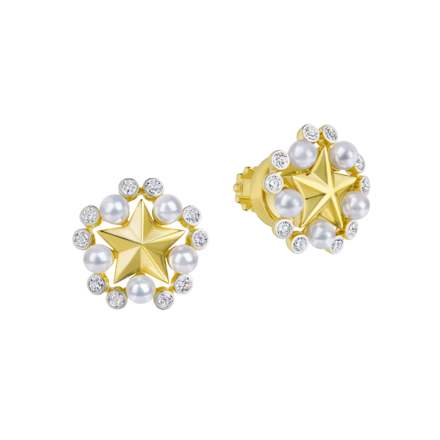 Пусеты с бриллиантами и жемчугом, желтое золото 1