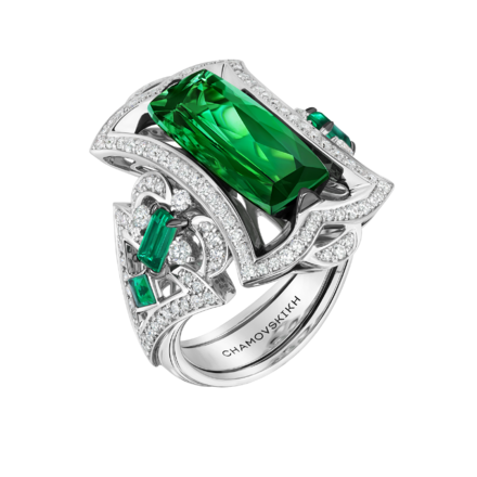 Кольцо с турмалином, изумрудами и бриллиантами, белое золото 1