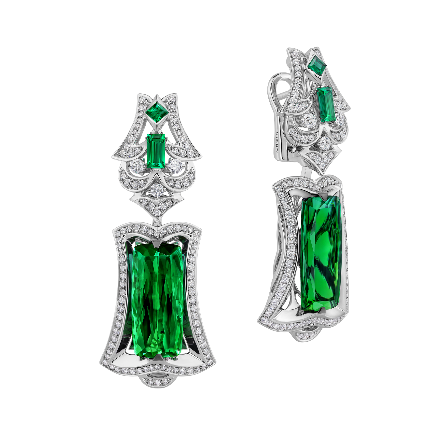 Серьги с турмалинами верделитами, бриллиантами и изумрудами, белое золото
