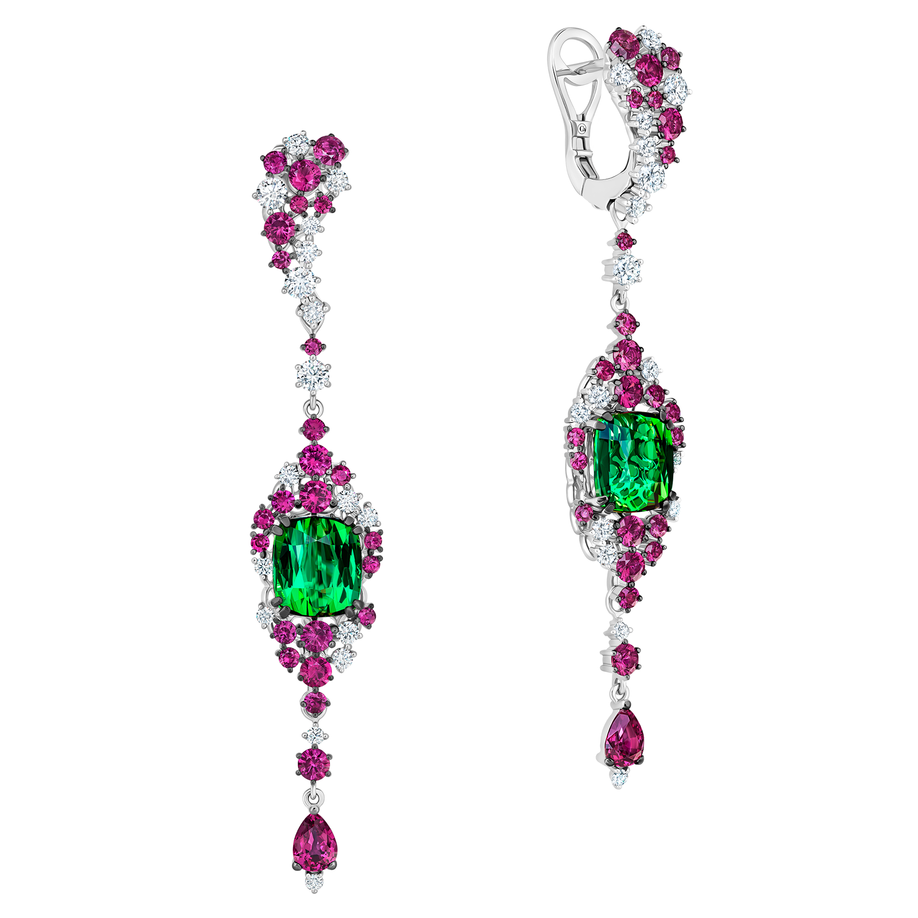 Серьги с верделитами, бриллиантами и рубинами, белое золото