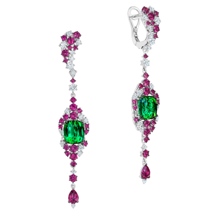 Серьги с верделитами, бриллиантами и рубинами, белое золото 1