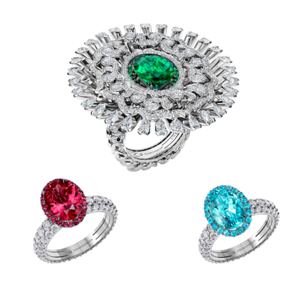 Кольцо с изумрудом, турмалином параиба, турмалином рубеллитом и бриллиантами, белое золото 1