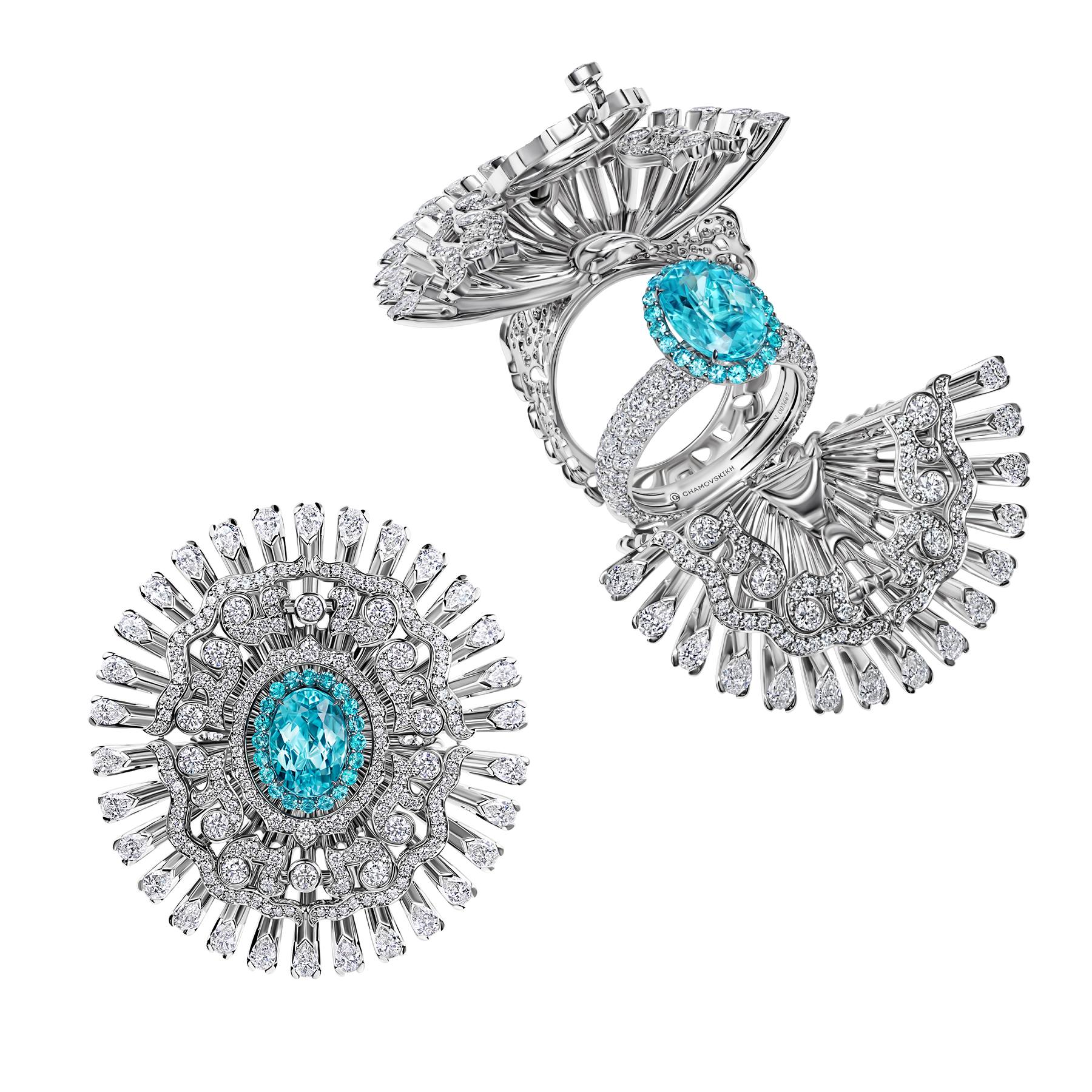 Кольцо с изумрудом, турмалином параиба, турмалином рубеллитом и бриллиантами, белое золото