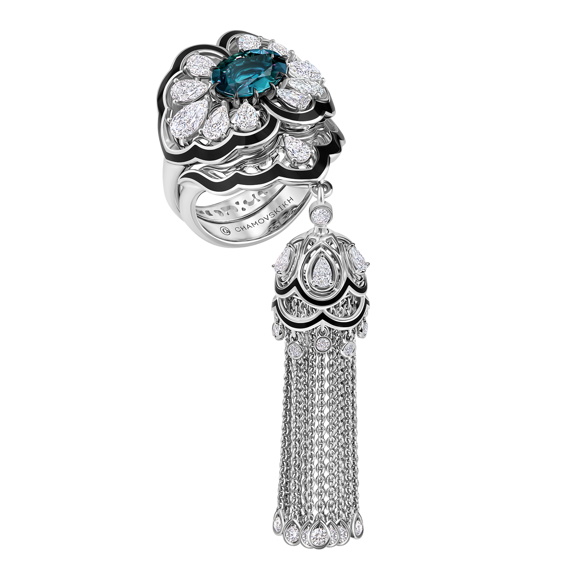 Кольцо с александритом, бриллиантами и жемчугом, белое золото