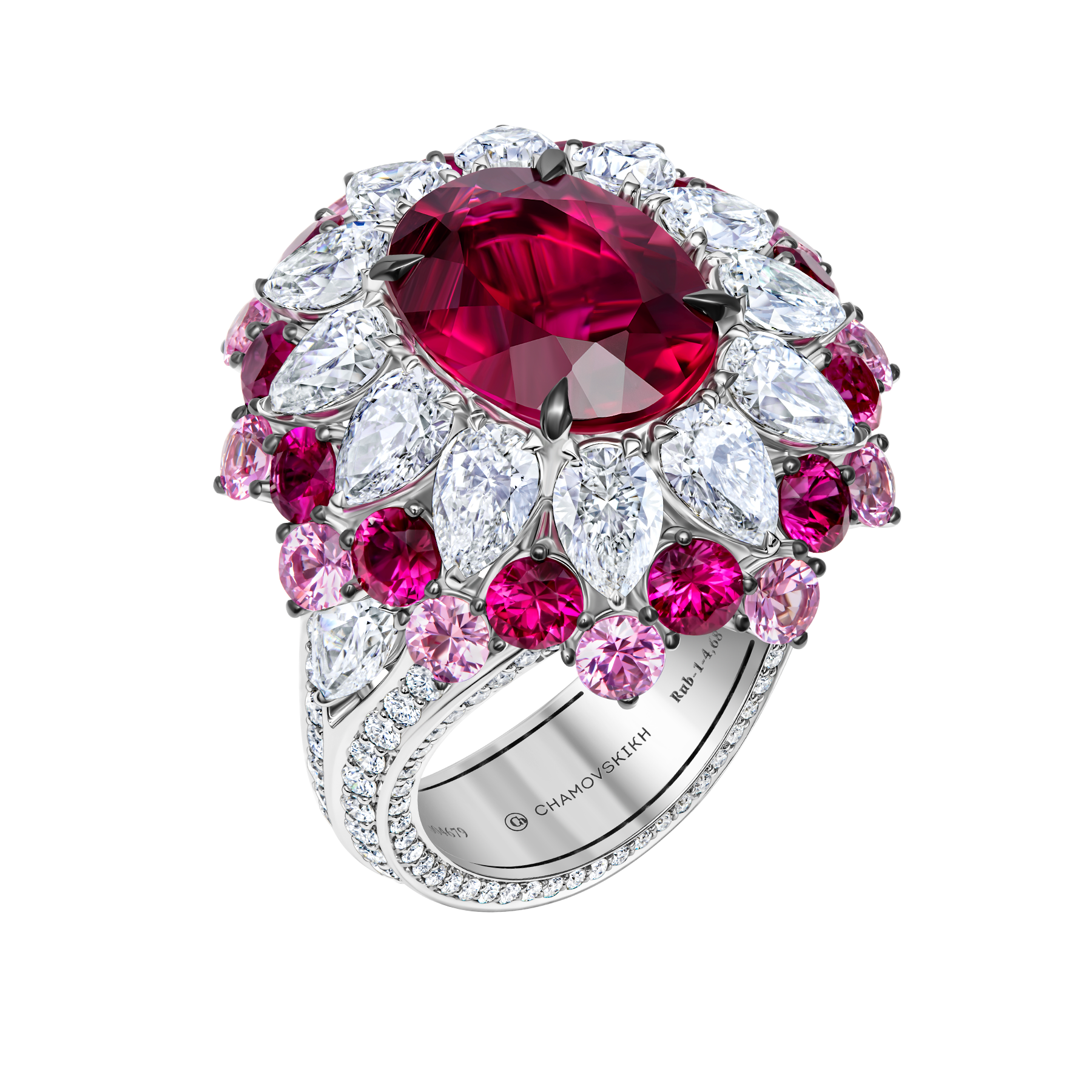 Кольцо с турмалином рубеллитом, рубинами, розовыми сапфирами и бриллиантами, белое золото