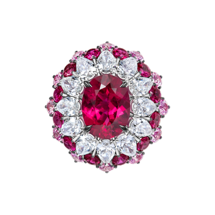 Кольцо с турмалином рубеллитом, рубинами, розовыми сапфирами и бриллиантами, белое золото 2