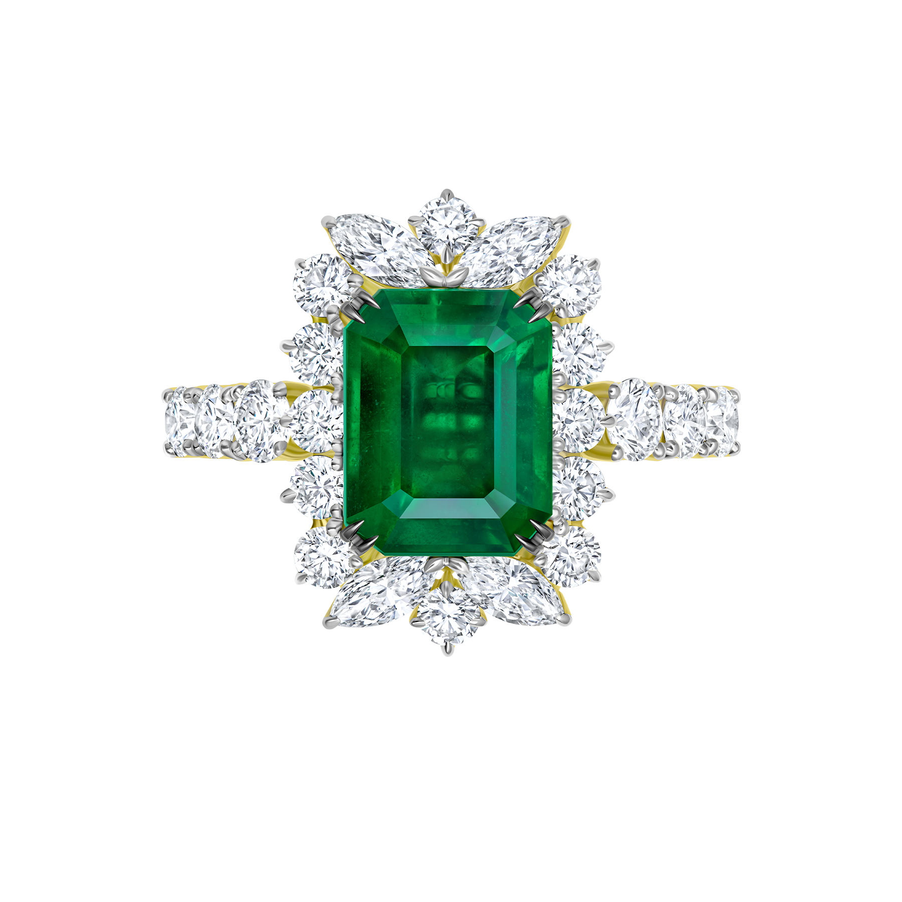 Кольцо с изумрудами и бриллиантами, желтое золото