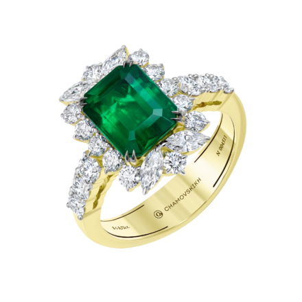 Кольцо с изумрудами и бриллиантами, желтое золото 1