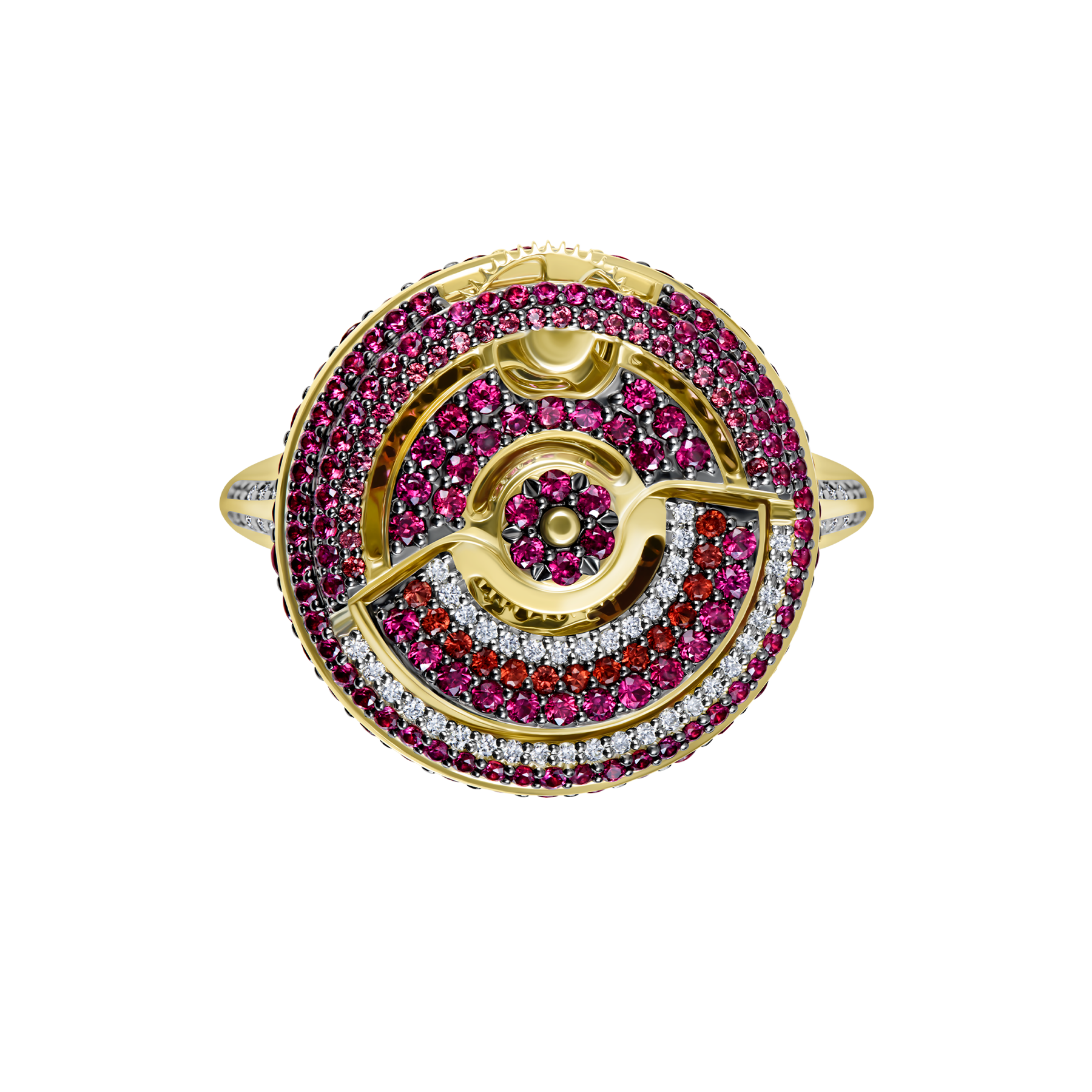 Кольцо с бриллиантами, рубинами и сапфирами, желтое золото, н.керамика