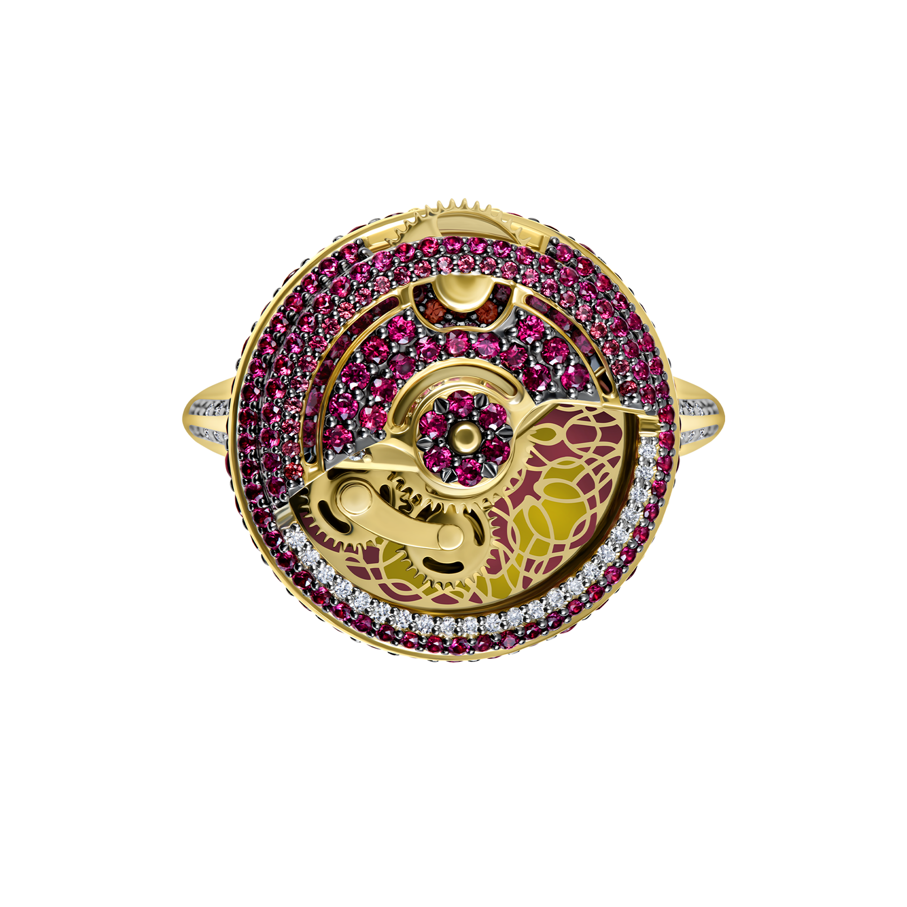 Кольцо с бриллиантами, рубинами и сапфирами, желтое золото, н.керамика