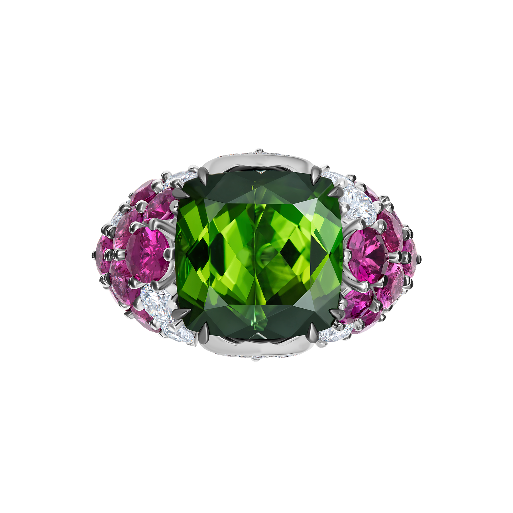 Кольцо с турмалином, бриллиантами и рубинами, белое золото