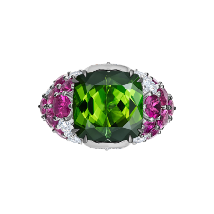 Кольцо с турмалином, бриллиантами и рубинами, белое золото 2