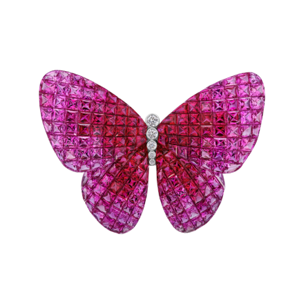 Брошь с рубинами, розовыми сапфирами и бриллиантами, белое золото 1