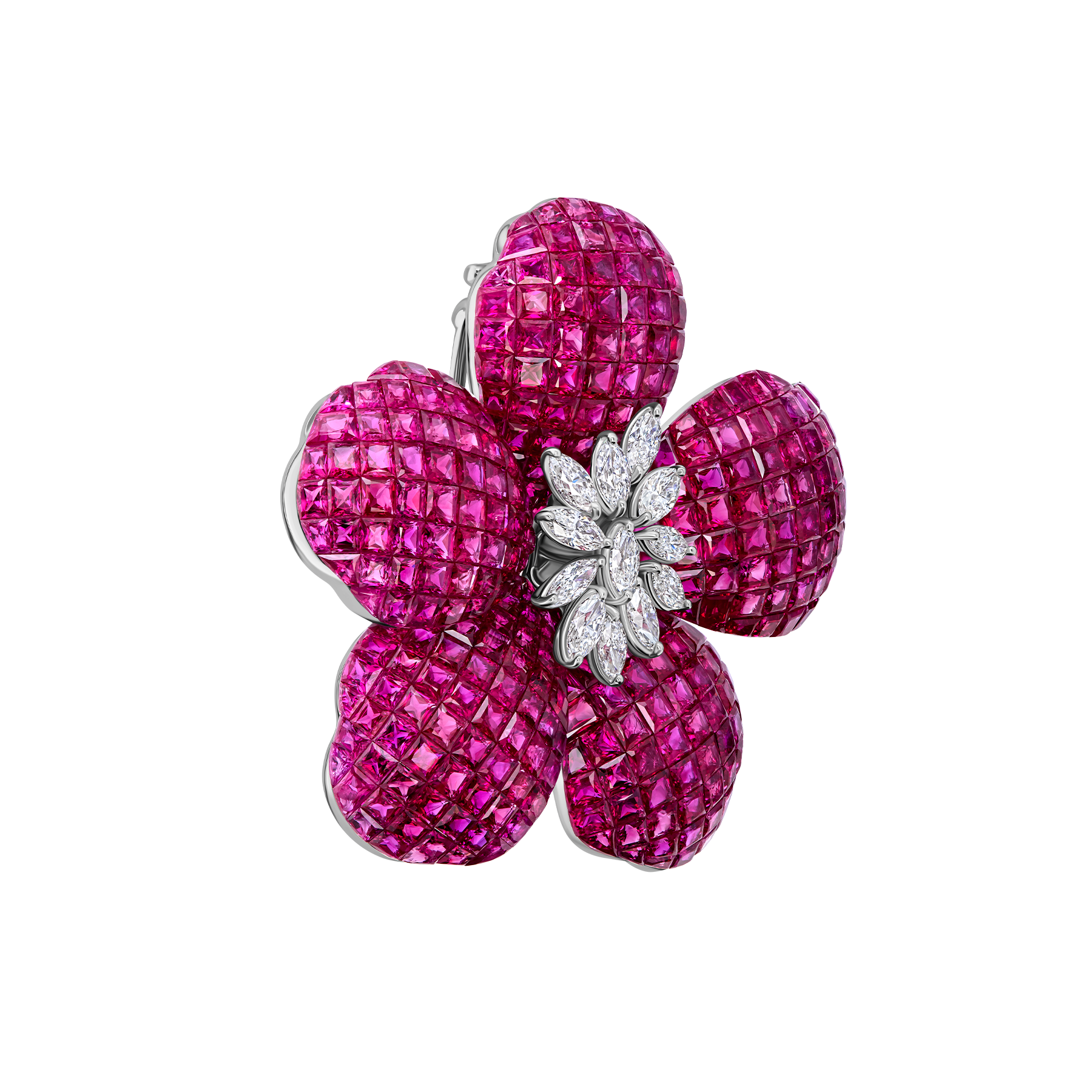 Брошь с рубинами и бриллиантами, белое золото