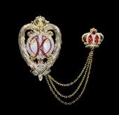 Брошь - подвес с перламутром, бриллиантами и рубинами, жёлтое и белое золото