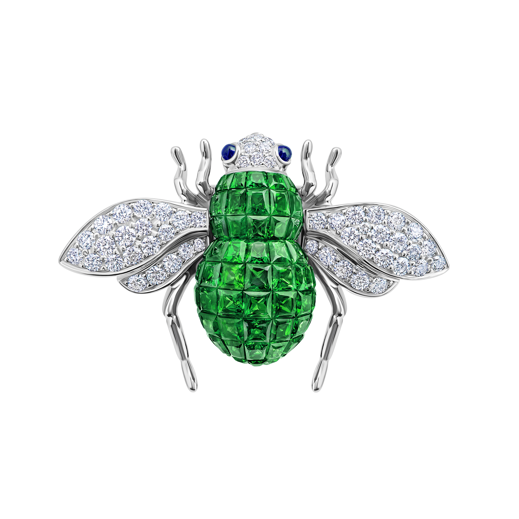 Брошь с тсаворитами, сапфирами и бриллиантами, белое золото