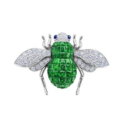 Брошь с тсаворитами, сапфирами и бриллиантами, белое золото 1