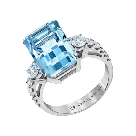 Кольцо с аквамарином и бриллиантами, белое золото 1