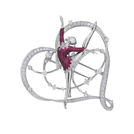 Брошь с сапфирами, рубинами и бриллиантами, белое золото 1
