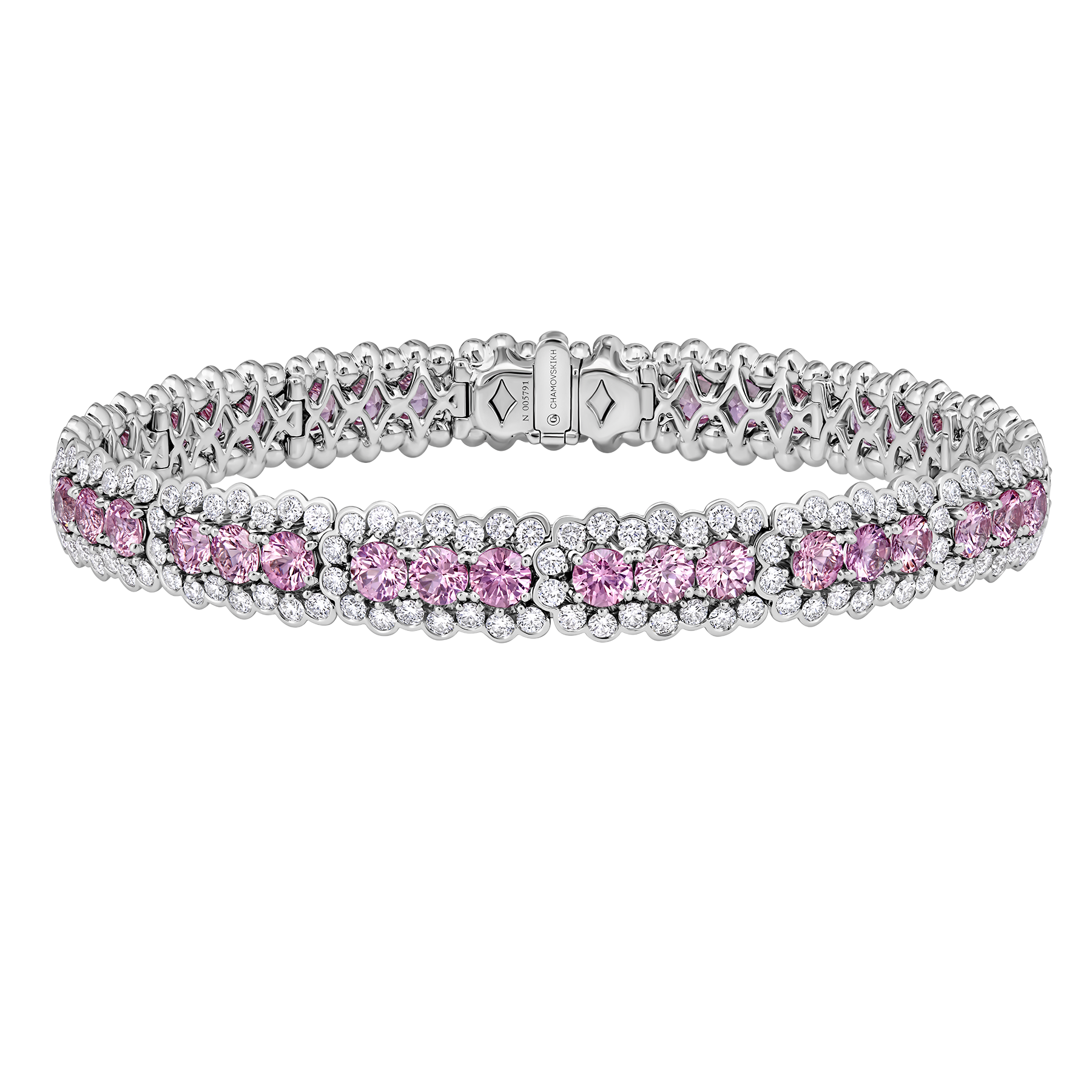 Браслет с розовыми сапфирами и бриллиантами, белое золото