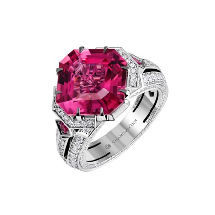 Кольцо с турмалином рубеллитом, рубинами и бриллиантами, белое золото 1