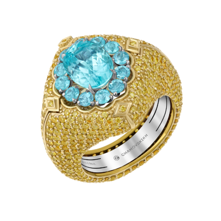 Кольцо с турмалинами параиба и бриллиантами, желтое и белое золото 1