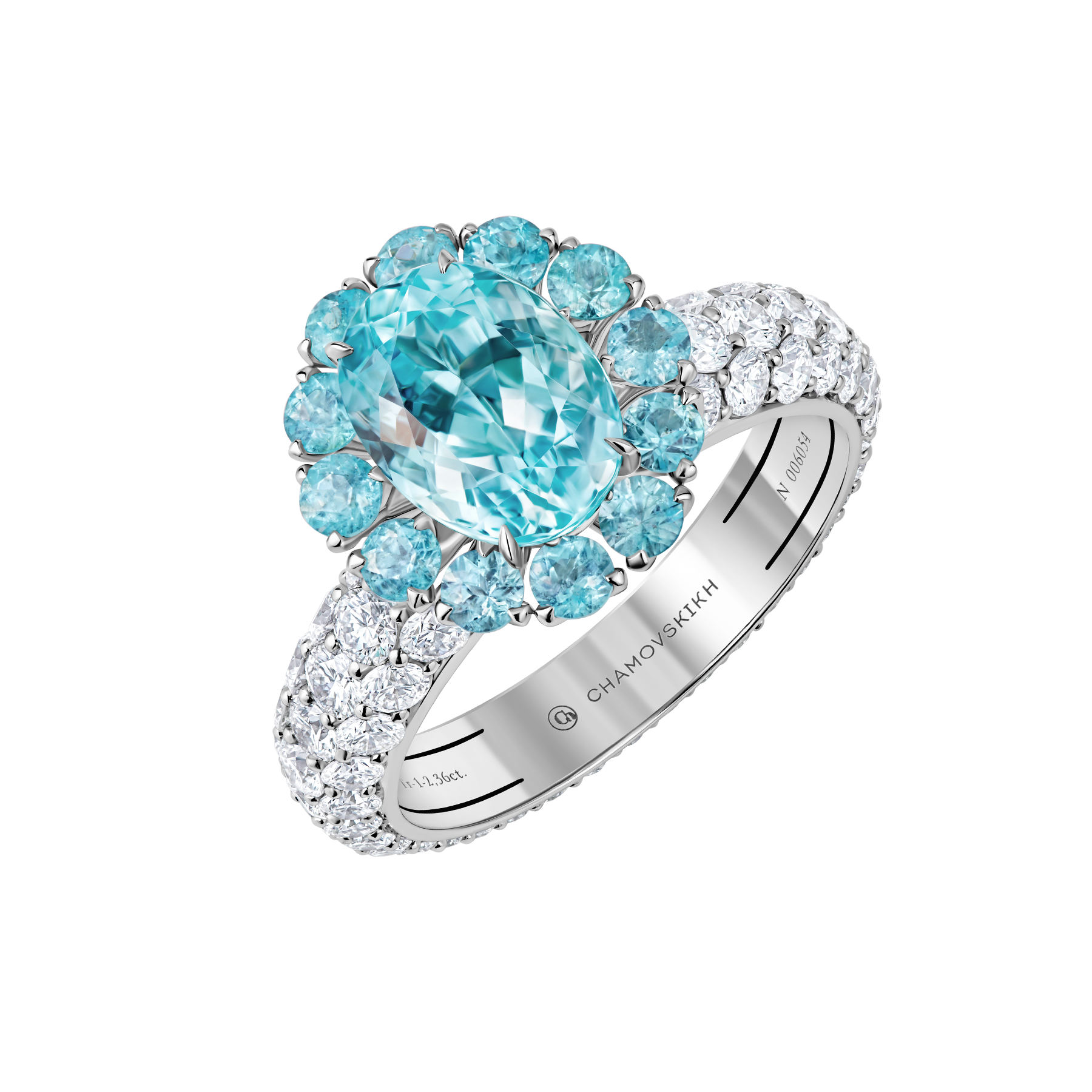 Кольцо с турмалинами параиба и бриллиантами, желтое и белое золото