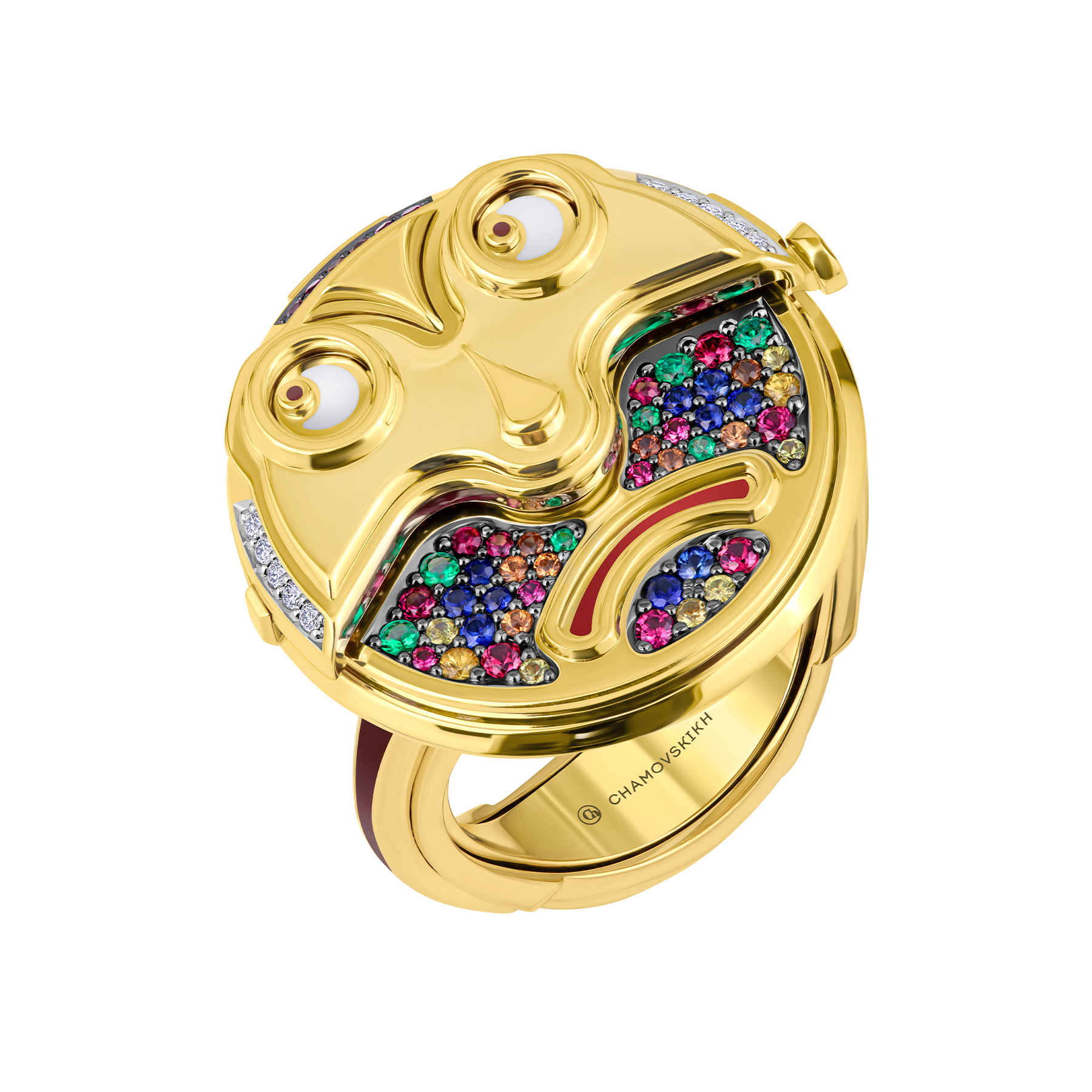 Кольцо с рубинами, сапфирами, изумрудами и бриллиантами, желтое золото