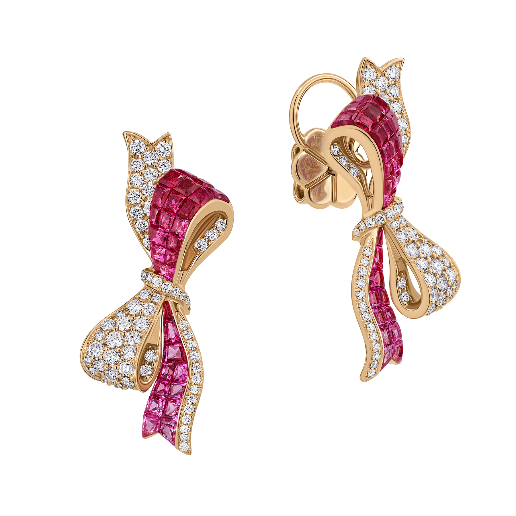 Серьги с рубинами, розовыми сапфирами и бриллиантами, розовое золото