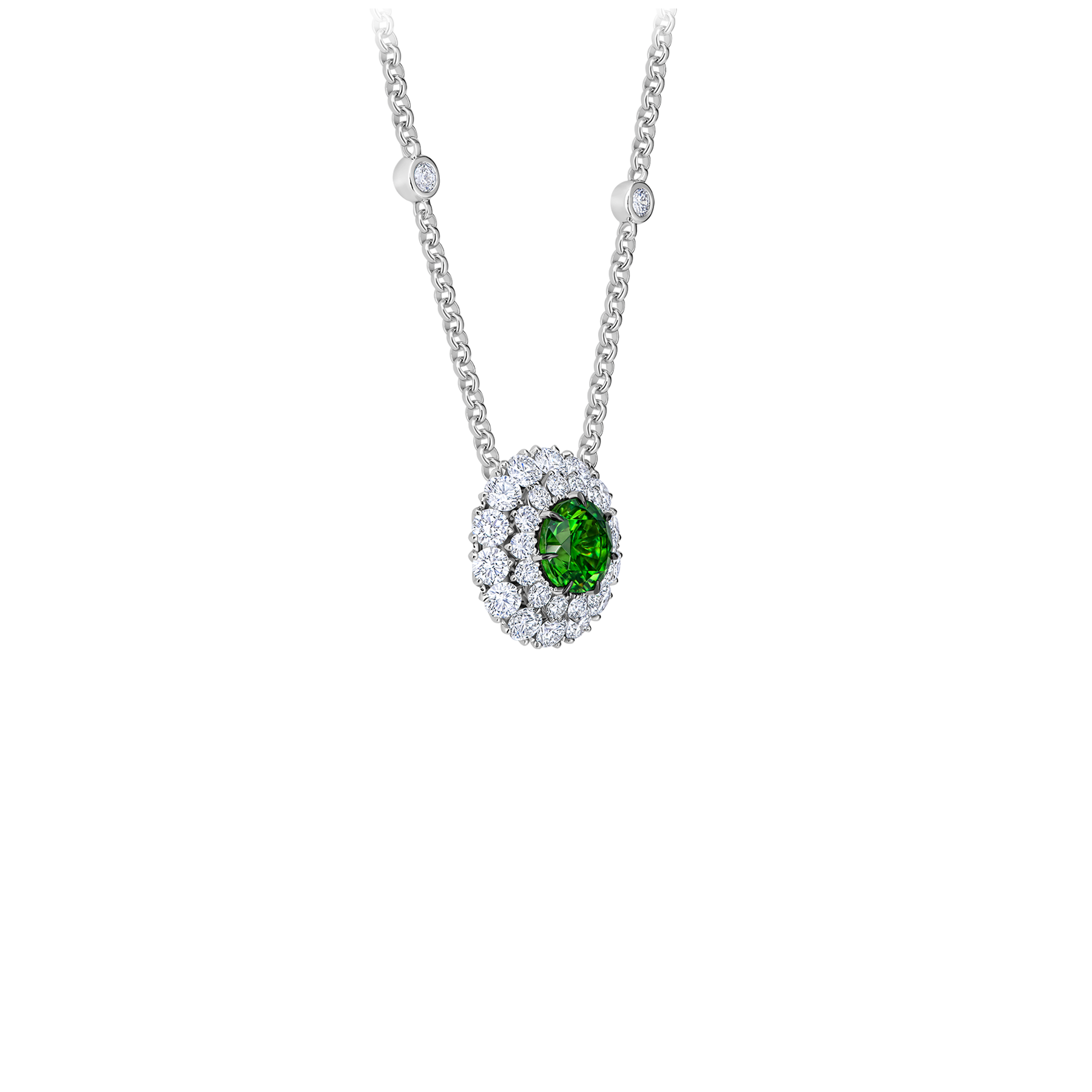 Колье с демантоидом и бриллиантами, белое золото