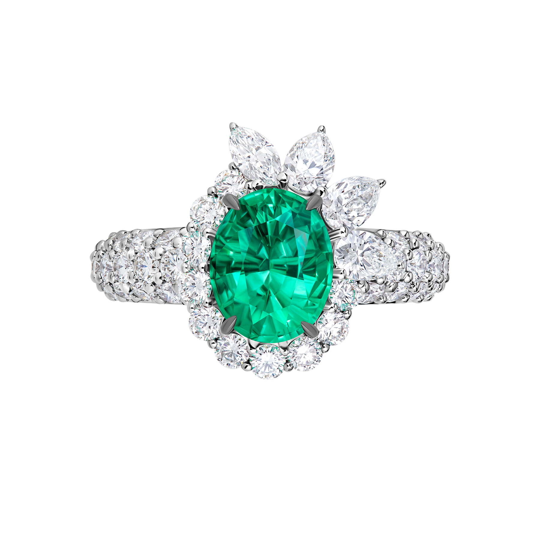 Кольцо с изумрудом и бриллиантами, белое золото